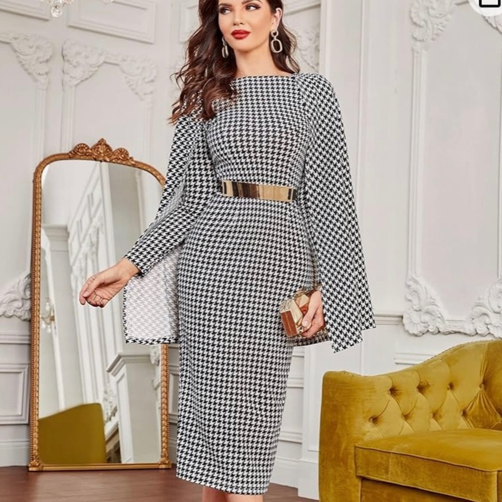 Women's Dress Houndstooth Cloak Sleeve Slit Back Dress Without Belt Dresses